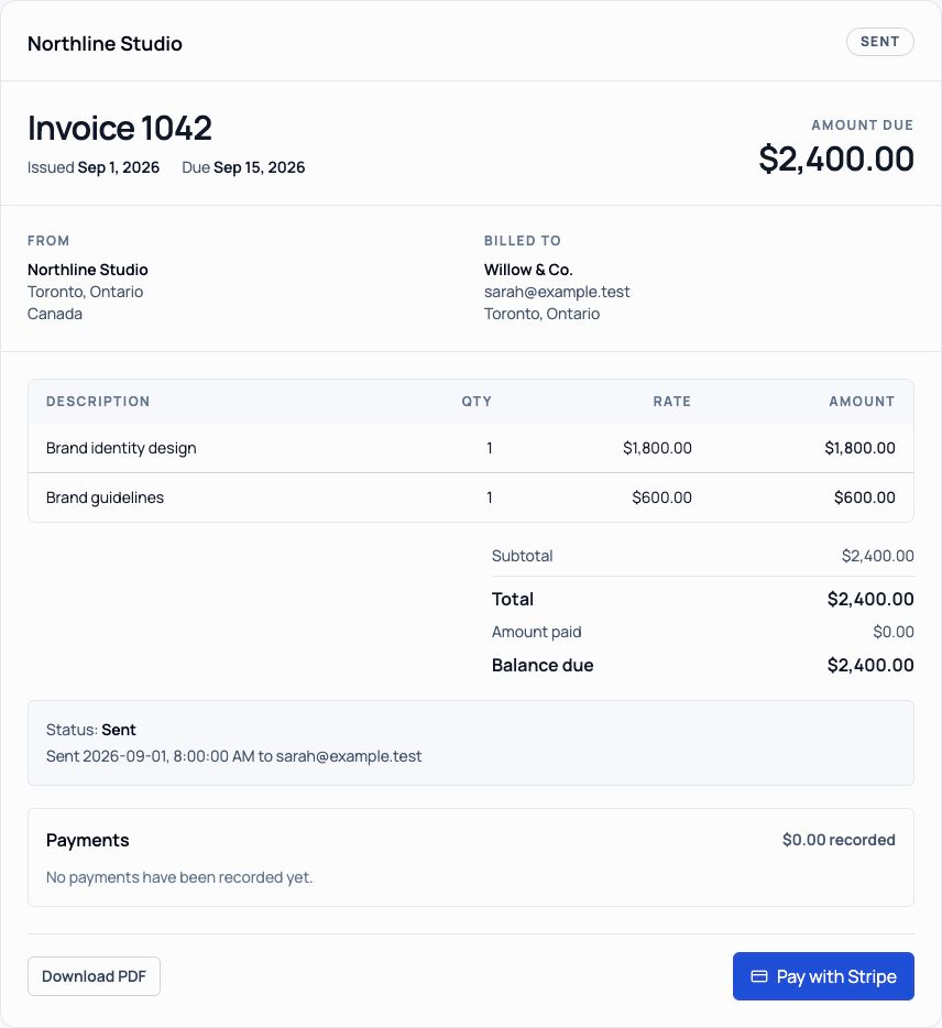 Lunvero invoice 1042 with branded sender details, line items, a $2,400 CAD balance and the Pay with Stripe button.